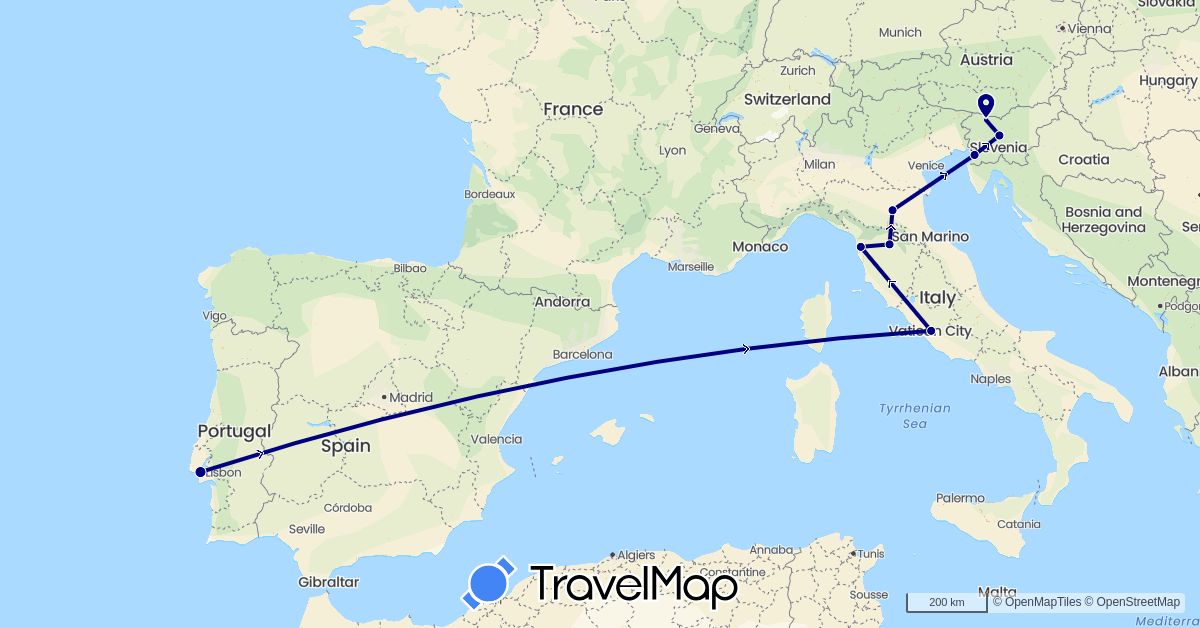 TravelMap itinerary: driving in Italy, Portugal, Slovenia (Europe)